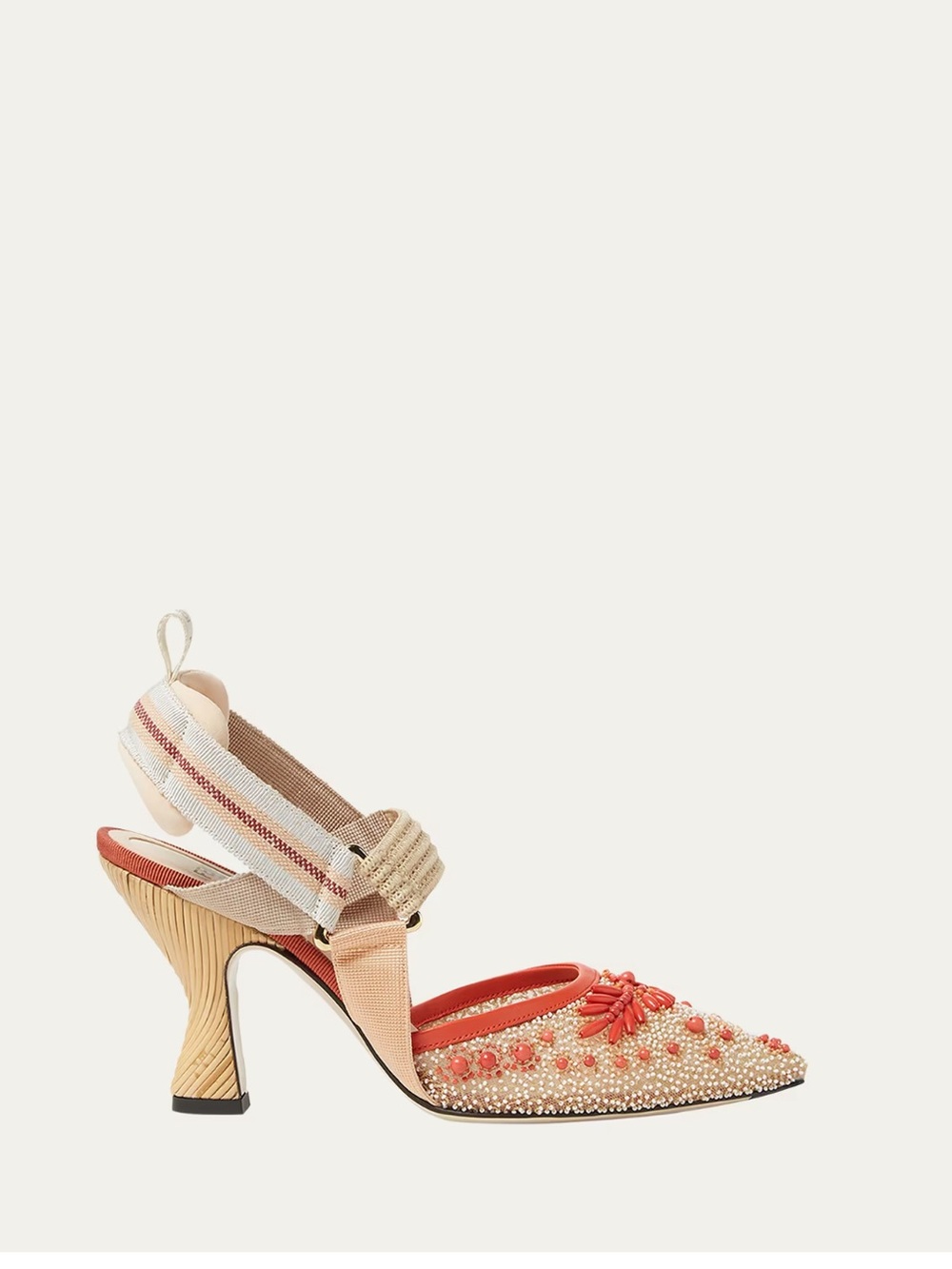 Fendi Coral Pink Orange 85Mm Colibri Beaded Slingback Heels Pumps 35
